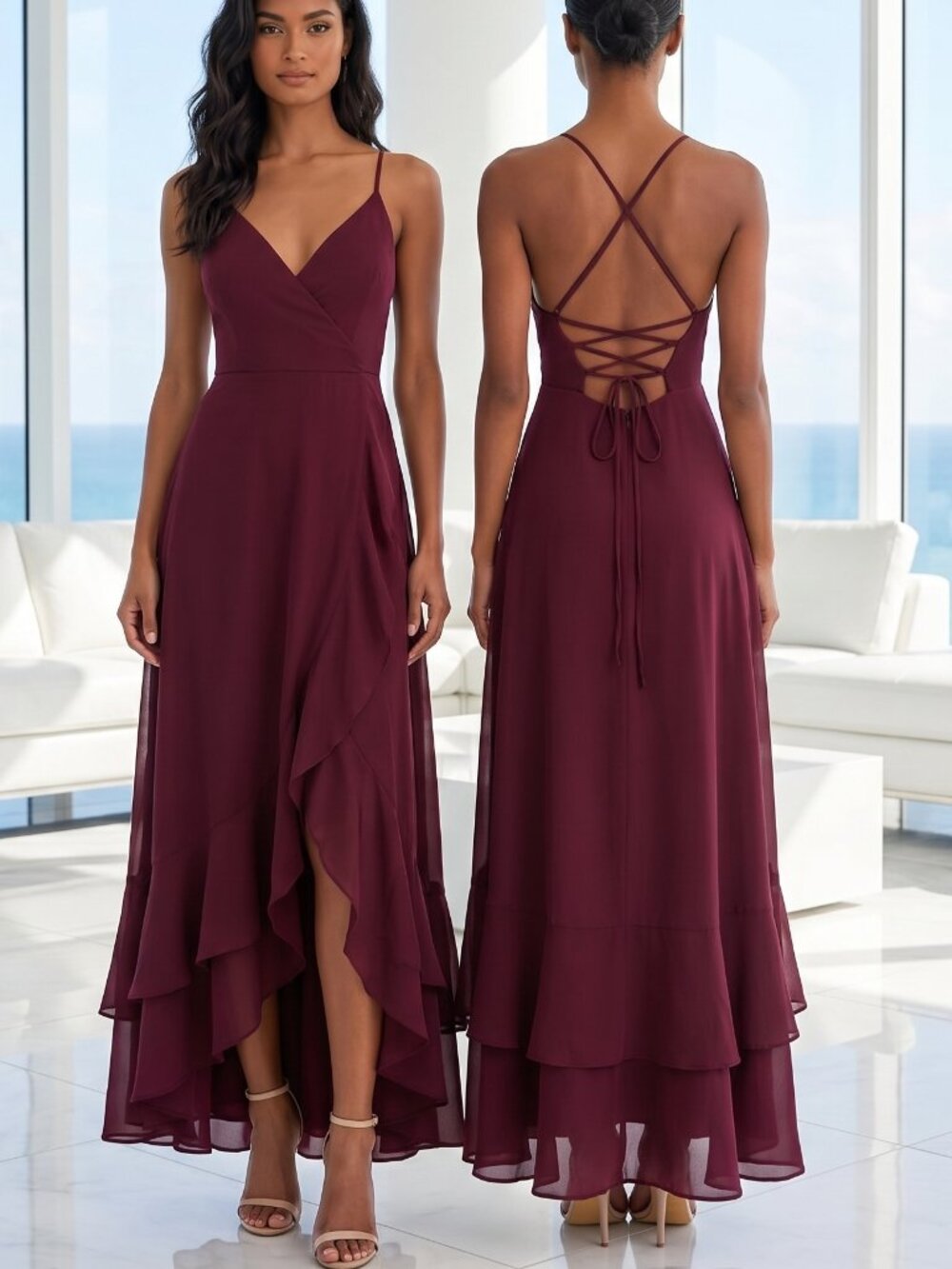 NWT LULU'S love forever lace up back ruffled hem high low dress M